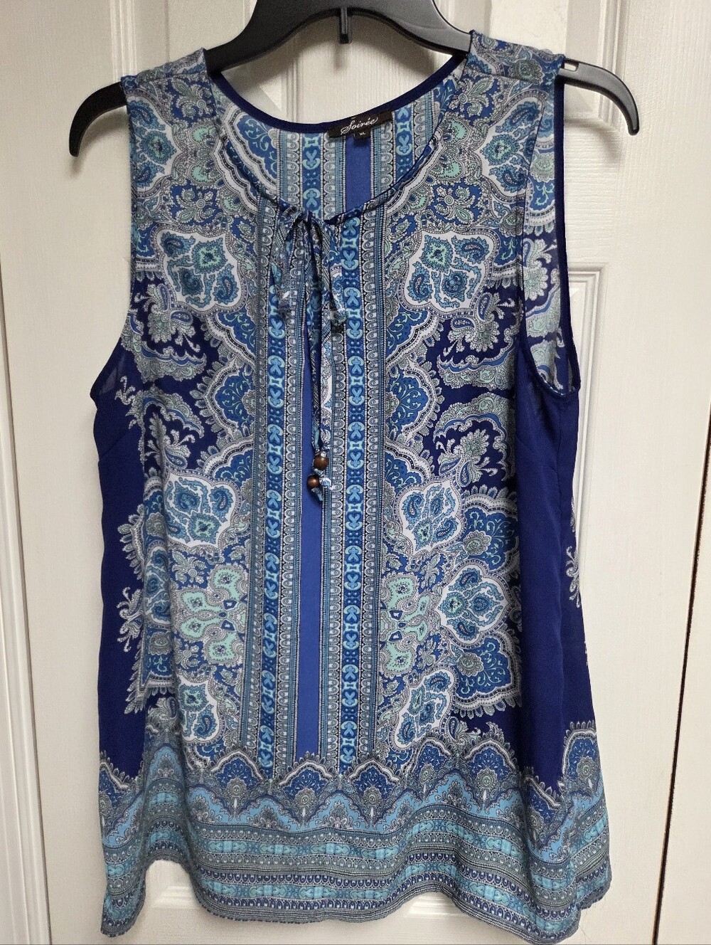 Soiree Blue Paisley Tie-Front Sleeveless Blouse Womens XL